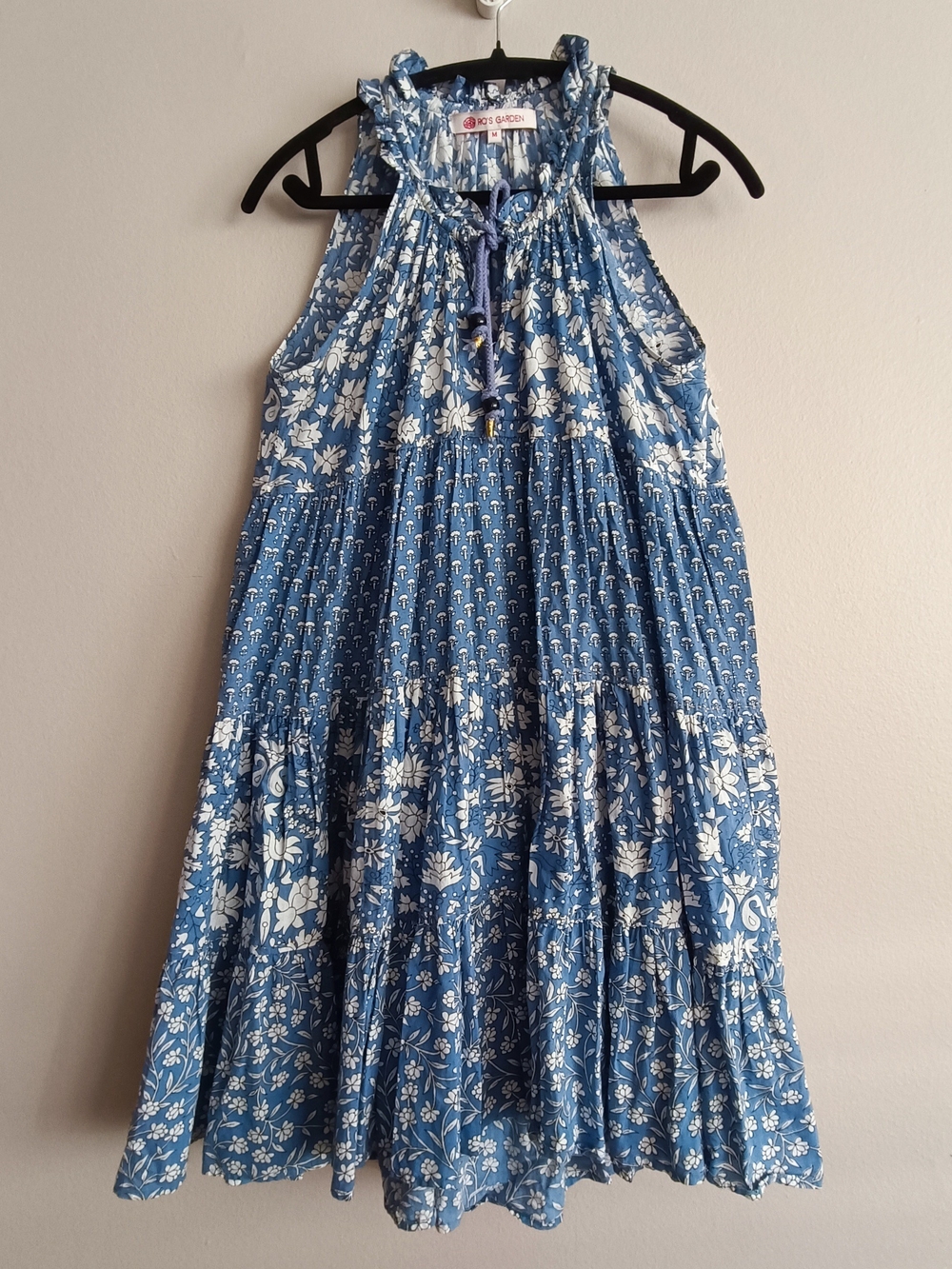 Ro's Garden Sofia Short Tiered Dress Indira Blue Block Print Size M